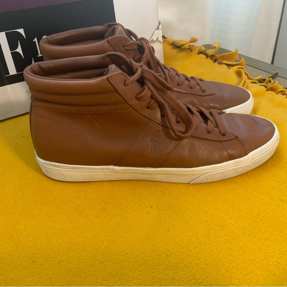 Pair of Polo Ralph Lauren Shaw tan high top sneakers men’s size 11.5D